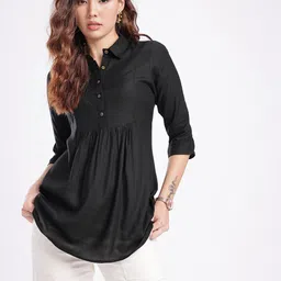 fusion by glitchez Shirt Collar Gathers A-line Kurti image 3