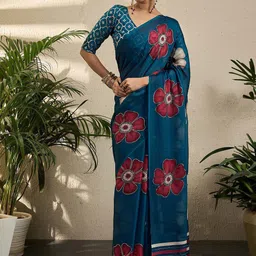 Mitera Floral Poly Georgette Block Print Saree-picture-10