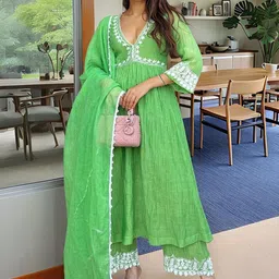 Aaghnya Floral Yoke Design Empire V-Neck A-Line Kurta With Palazzos & Dupatta-image-22