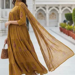 KALINI Women Ethnic Motifs Printed Tiered Kurta with Trousers & With Dupatta image 2