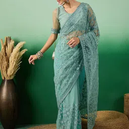 SHADOW & SAINING Floral Beads and Stones Net Saree image 1