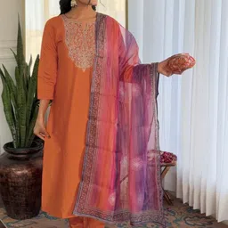 FANLA Women Ethnic Motifs Embroidered Regular Thread Work Kurta with Trousers & With Dupatta image 4