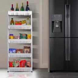 5 Tier Kitchen Trolley, Easy-To-Move Slide Out Shelf Slim Rack White Plastic Kitchen Trolley-image-33
