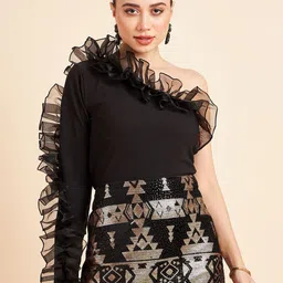 Fabway Clothing One Shoulder Cold-Shoulder Ruffles Liva Crop Top-image-29