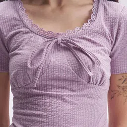 Tokyo Talkies Women Ribbed Self Design Round Neck Tie-Ups Regular Crop Top image 4