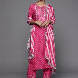 KSUT Women Bandhani Printed Regular Kurta with Trousers & With Dupatta-image-3