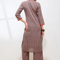 Saanjh Striped Band Collar Pure Cotton Kurta With Trousers image 4