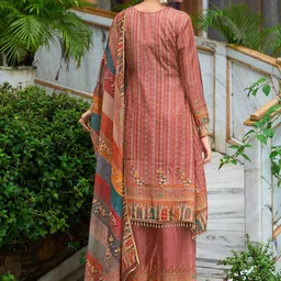 MOJILAA Ethnic Motifs Printed Mirror Work Straight Kurta With Palazzos & Dupatta image 4