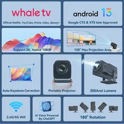 Omexcart 4K Android Dual Band WiFi6G 360 ANSI Netflix Prime Hotstar Auto Keystone (4000 lm / 1 Speaker / Wireless / Remote Controller) Portable Projector image 3
