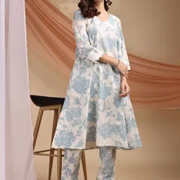 DIVASTRI Women Floral Printed Regular Pure Cotton A-Line Kurta with Trousers-picture-11