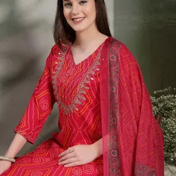 Nayam By Lakshita Women Bandhani Printed Mirror Work Kurta with Trousers & Dupatta image 3