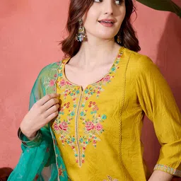 Sangria Yellow Floral Embroidered Notch Neck Straight Kurta With Trouser & Dupatta image 2