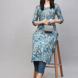 GoSriKi Floral Printed Straight Kurta with Trousers image 3
