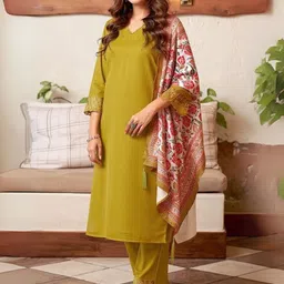 KALINI Women Mustard Floral Regular Thread Work Kurta with Trousers & With Dupatta image 4