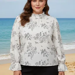 U&F Beyond Floral Printed Puff Sleeves Ruffles Long Sleeves High Neck Regular Top-picture-12