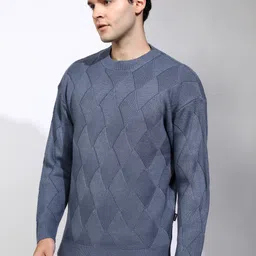 highlander Men Self Design Round Neck Blue Sweater image 4