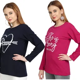 chozi Pack of 2 Women Graphic Print Round Neck Cotton Blend Multicolor T-Shirt image 3