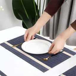 UniKart Navy Blue & Brown 6 Pieces Striped Anti-Slip Rectangle Table Placemats image 4