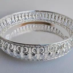 happyhomemultistore German Silver 10 Inch Round Pooja Thali | Decorative Aarti Plate for festival Tray Serving Set-picture-35