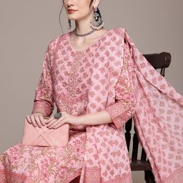Readiprint Fashions Women Floral Printed Regular Aari Work Pure Cotton Kurta with Trousers & With Dupatta-picture-28