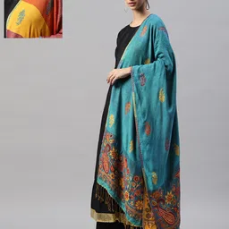 WEAVERS VILLA Women Blue & Yellow Woven Design Reversible Stole-picture-31