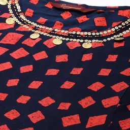 Sangria Navy Blue & Red Geometric Printed Sequinned Pure Cotton Sequinned Kurta image 3