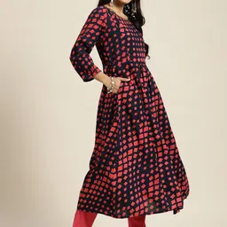 Sangria Navy Blue & Red Geometric Printed Sequinned Pure Cotton Sequinned Kurta image 5