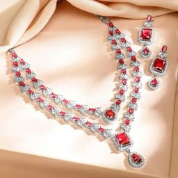 Rubans Ruby Red & White Cubic Zirconia Studded Necklace & Earring Sets-picture-6