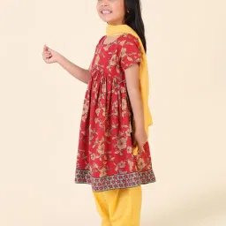 Fabindia Kids Red & Yellow Floral Print Kurta, Salwar with Dupatta image 3