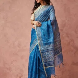 Fabindia Blue Printed Saree image 3