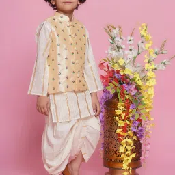 Little Bansi Boys Cream & Beige Embroidered Full Sleeves Kurta, Dhoti with Nehru Jacket image 3