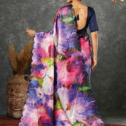 Satrani Multicolored Floral Print Saree With Unstitched Blouse image 3