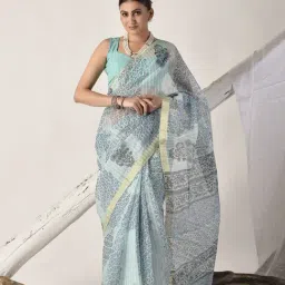 Sutra Attire Turquoise Blue Block Printed Pure Kota Doria Floral Saree-image-56