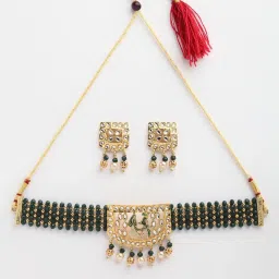 Panash Gold Plated & Green Beaded Wedding Choker Jewellery Set image 3