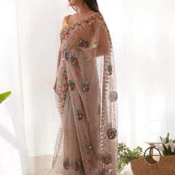 Saree Mall Beige Embellished Sarees With Unstitched Blouse image 3