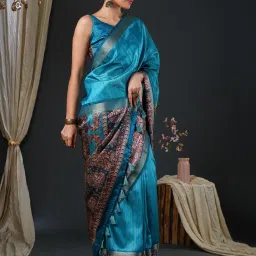 Saree Mall Blue Printed Sarees With Unstitched Blouse image 3