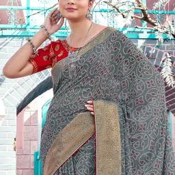 Saree Mall Grey Printed Sarees With Unstitched Blouse image 3