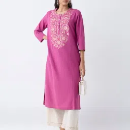 Utsa by Westside Fuchsia Floral Embroidered Cotton-Blend A-Line Kurta-image-54