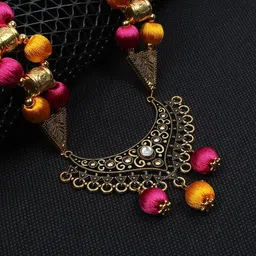 AKSHARA Pink Handcrafted Long Brass Pendent Necklace-picture-40