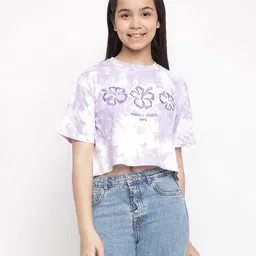Lil Tomatoes Lil Tomatoes Half Sleeves Crumple Tie & Dye Hawaii Vibes Flower Embroidered Top - Purple-picture-15