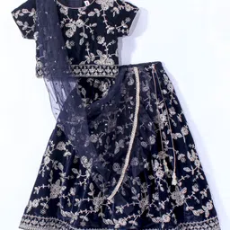 Babyhug Woven Short Sleeves Choli Lehenga & Dupatta Set with Floral Embroidery - Navy Blue-picture-28