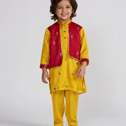 Vastramay Silk Full Sleeves Floral Embroidered & Sequins Embellished Kurta Pyjama Set With Attached Shrug - Mustard Yellow-picture-24
