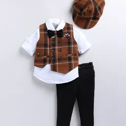 LITTLE COLLARS Full Sleeves Solid Shirt Pant With Checked Waistcoat Cap & Bow Set - Brown-picture-28