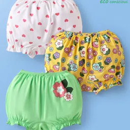 Babyoye Cotton Elastane Knit Bloomers With Heart & Floral Print Pack Of 3 - Light Green Yellow & White-picture-15