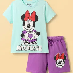HoneyHap Disney Single Jersey Knit Half Sleeves Shorts Night Suit with Minnie Mouse Family Graphics - Light Blue & Purple-image-99
