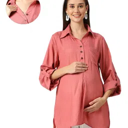 Mom for sure by Ketki Dalal Rayon Woven Three Fourth Sleeves Solid Maternity Top With Front Open Nursing Access - Coral-image-70