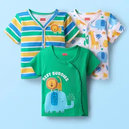 Babyhug 100% Cotton Interlock Knit Half Sleeves Front Open Vest with Animal Print Animal Print Pack of 3 - Green White & Blue-picture-19