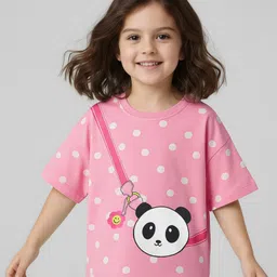 Babyhug Cotton Knit Half Sleeves T-Shirt with Polka Dots & Sling Bag Print - Pink-image-2