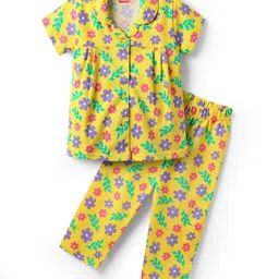 Babyhug Cotton Knit Half Sleeves Co-ords Night Suit with Floral Print - Yellow-picture-32