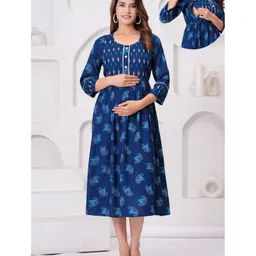 CeleBravo Three Fourth Sleeves Floral Printed Lace Embellished Maternity Dress With Concealed Zipper Nursing Access - Teal Blue-picture-10